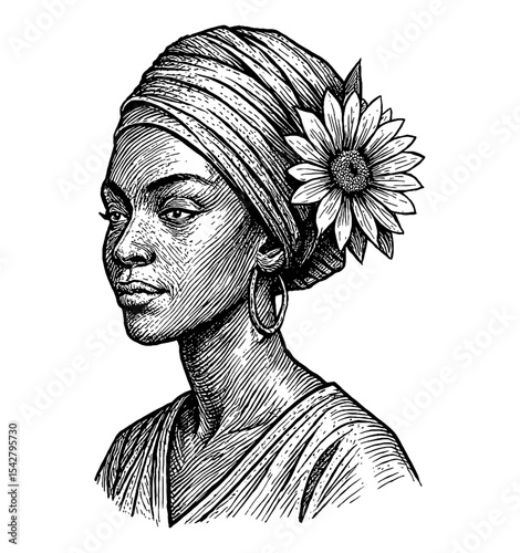 Elegant Black Woman with Turban and Flower in Detailed Engraving Style Art