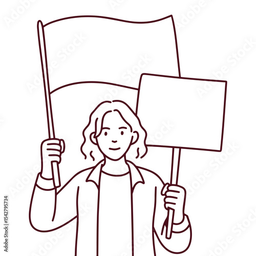 Black and white outline of elderly protester holding blank sign and flag. Suitable for coloring, activism materials or editorial design.