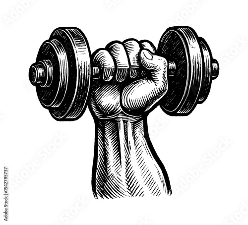 Hand Gripping Dumbbell Strength Training Exercise Engraved Black and White Illustration