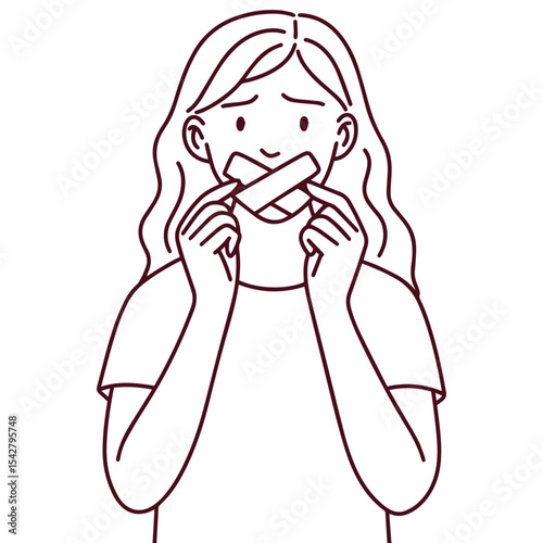 Line drawing of girl putting tape on her own mouth. Represents self-censorship, emotional fear, and submission