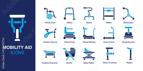 Mobility Aid icon set. Containing Wheel Chair, Walker, Knee Crutch, Wheel Scooter, Baby Walker, and Elbow Crutches. Solid vector icons collection. Vector illustration.