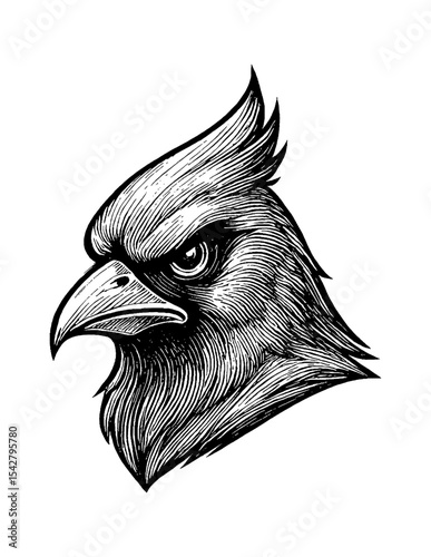 Detailed Engraving Illustration of a Cardinal Bird Head with Sharp Beak and Intense Gaze