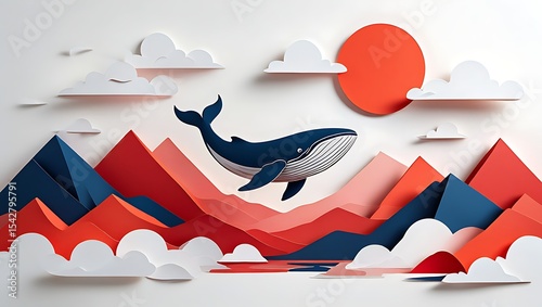 Paper Art Whale Soaring Above Mountains A Dreamlike Landscape
