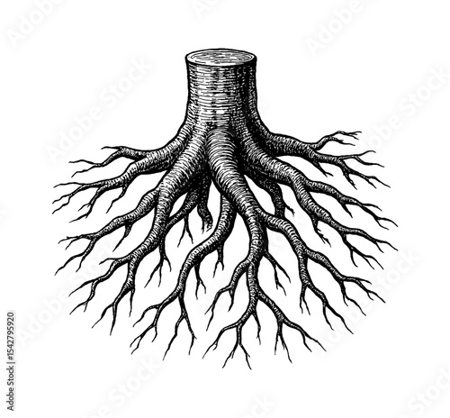 Detailed Engraving Style Illustration of Tree Trunk and Root System on White Background