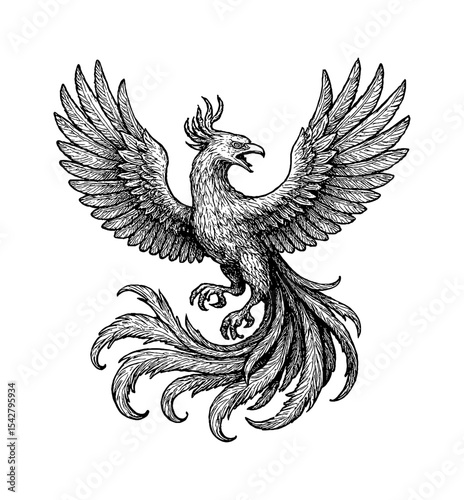 Detailed Phoenix Illustration in Black and White with Wings Spread and Open Beak