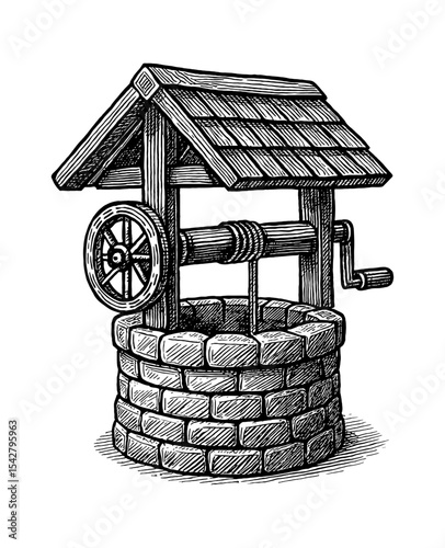 Illustration of water well in vintage engrave style black and white drawing, detailed vector