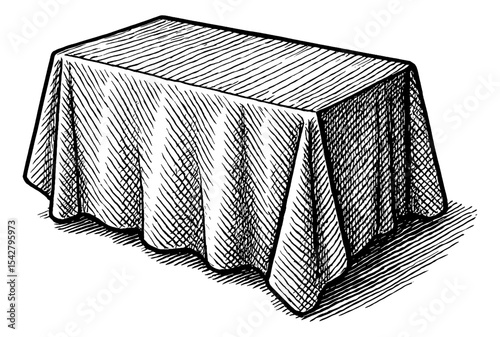 Illustration of a Table with Cloth, Hand Drawn, Vector Style Black and White