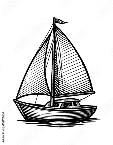 Sailboat sailing on water in detailed black and white drawing line art vintage style