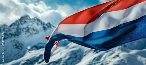 Waving Netherlands flag with snow mountain background. Europe country independence day concept. Generative video AI technology.	
