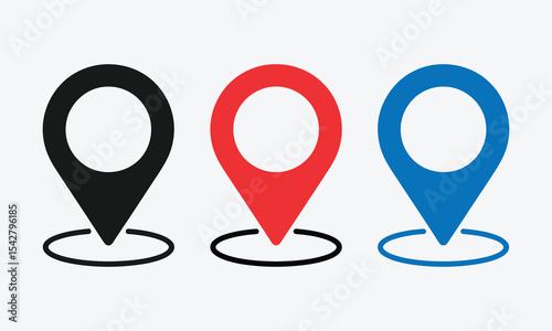 Set of three location pin icons in black red and blue