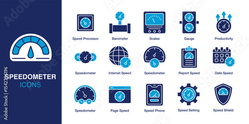 Speedometer icon set. Containing Gauge, Productivity, Internet, Page, Shield, and Phone. Solid vector icons collection. Vector illustration.