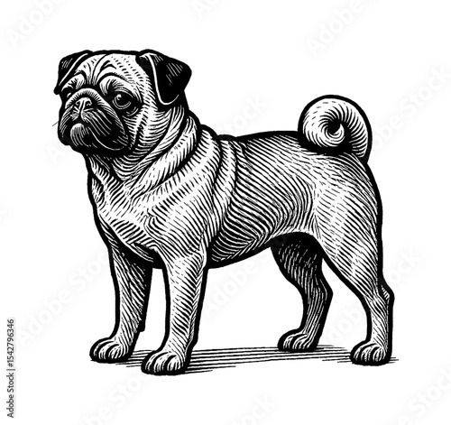 Engraved Pug Dog Standing in Profile with Detailed Line Art and Shading