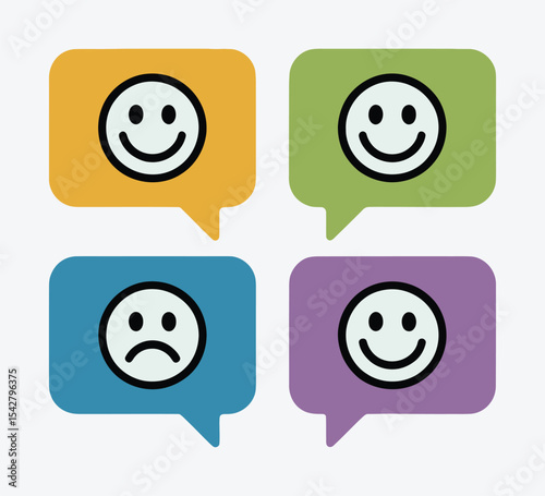 Four colorful speech bubbles with happy and sad emoticons