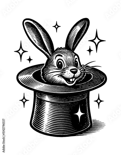 Engraved Rabbit in Magician Hat with Starry Sparkles Illustration
