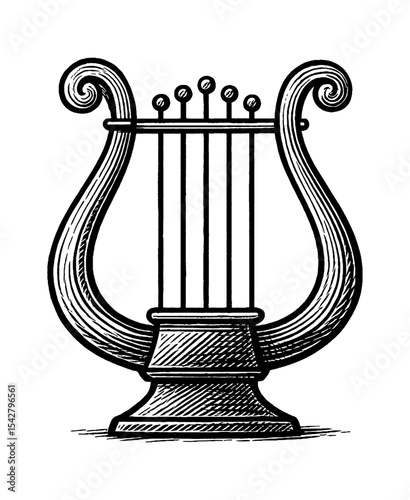 Detailed Engraved Style Illustration of a Lyre Musical Instrument in Black and White
