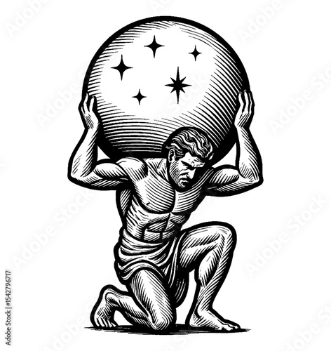 Illustration of Atlas Holding Globe on Knees in Black and White Engraving Style
