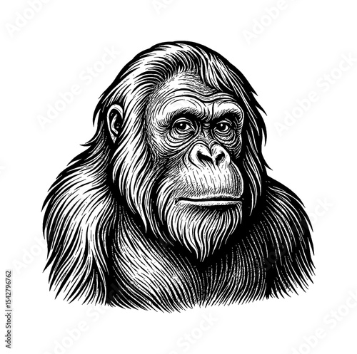 Detailed Black and White Engraving of a Primate Head with a Serious Expression
