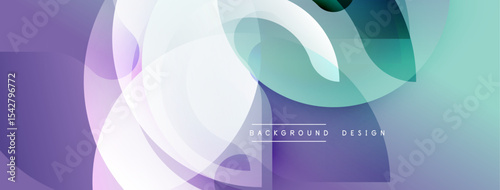 Abstract design features overlapping circles, gradients. Purple, teal hues create modern aesthetic. Minimal text present.