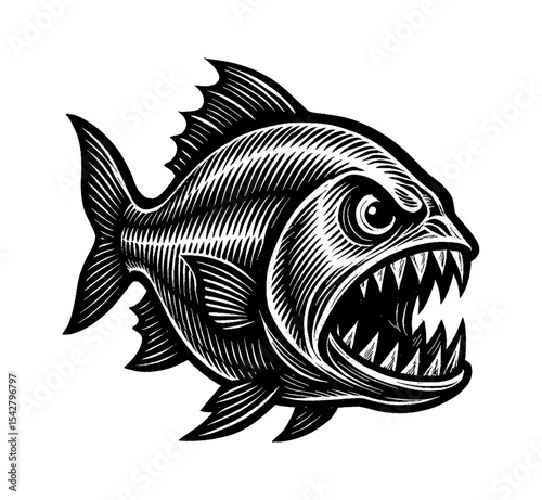 Engraved Illustration of a Piranha with Sharp Teeth and Intricate Details in Black and White