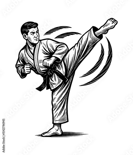 Man in Karate Stance Kicking with Determination in Black and White Line Art