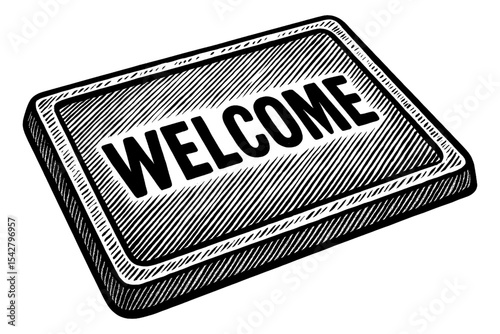 Welcome Engraved Sign with Black and White Hatching Illustration in a Rectangle Shape