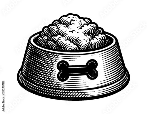 Dog Food Bowl with Bone Symbol Engraved Style Illustration on White Background
