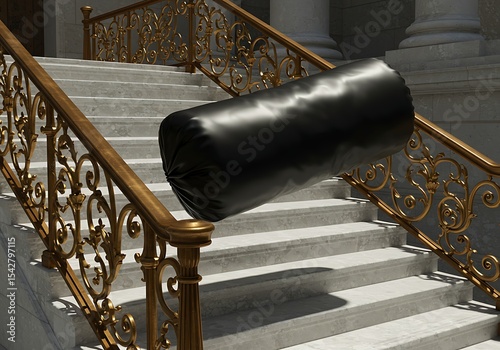 Black cylindrical object blocking the staircase in an ornate building with gold rails