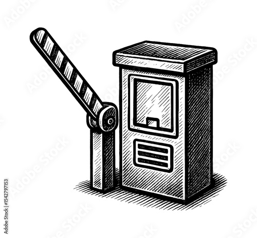 Illustration of a parking barrier gate system in black and white style, ink drawing vector