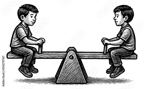 Two boys sitting on a seesaw looking at each other in a vintage engraved style