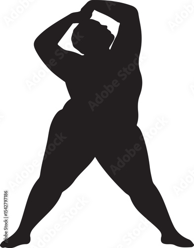 Confident plus-size woman stretching arms in fitness pose symbolizing health, body positivity and active lifestyle balance