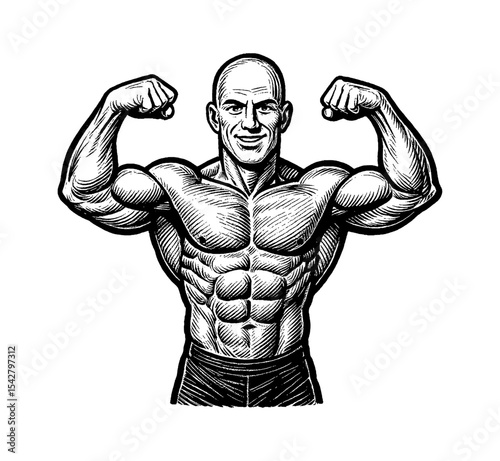 Strong Caucasian Man Flexing Muscles with Happy Expression in Detailed Engraving Style