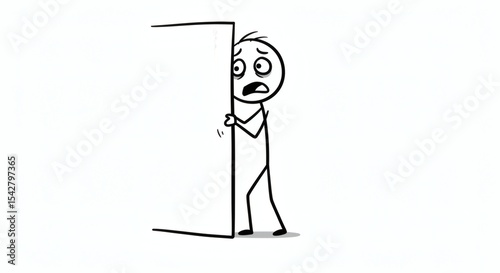 Anxious Man Hiding Behind Door Illustration of Fear and Anxiety
