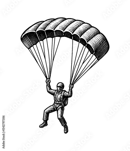 Illustration of Skydiver in Freefall with Parachute in Mid Air Black and White Line Art