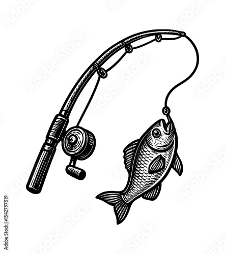 Illustration of a Fishing Rod with a Fish Caught on the Hook in Detailed Black and White Style