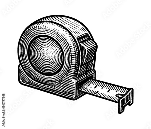 Detailed Engraved Illustration of a Retractable Measuring Tape Tool in Black and White
