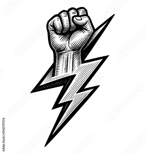 Engraved Fist Holding Lightning Bolt Sign Symbol of Strength and Power