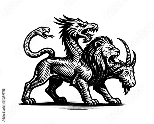 Engraving Illustration of Chimera with Lion Goat Dragon and Snake Heads Roaring