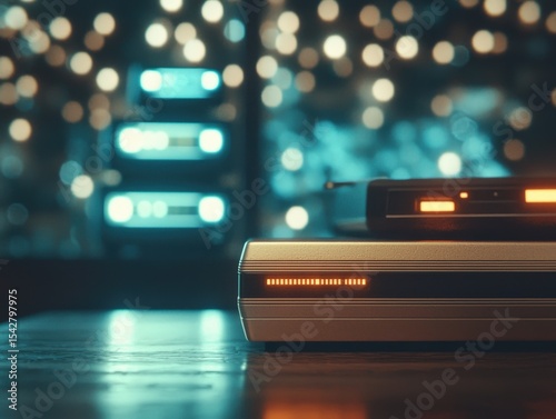 Retro electronic devices with glowing indicator lights sit on a reflective surface, surrounded by blurred bokeh lights creating a vintage tech ambiance.