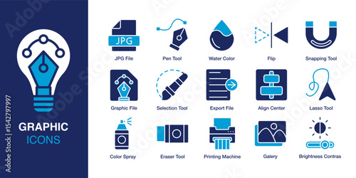 Graphic icon set. Containing JPG File, Pen Tool, Color Spray, Lasso Tool, Export File, and Water Color. Solid vector icons collection. Vector illustration.