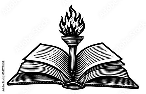 Open Book with Torch and Flame Engraved Black and White Vector Illustration