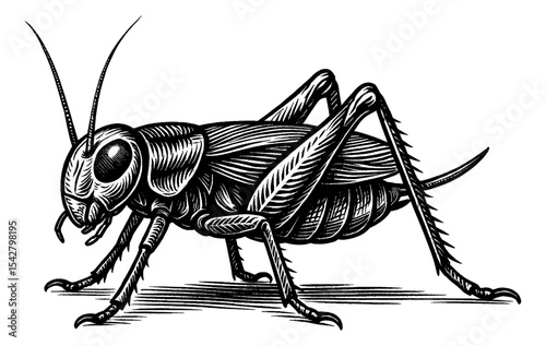 Detailed Engraving of a Cricket with Intricate Lines and Shading in Black and White