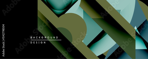 Abstract geometric composition. Dark background features overlapping shapes, curves, gradients. Teal, olive, black hues create modern visual effect. Minimalist design.