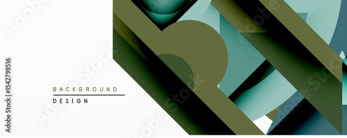 Abstract geometric design features overlapping shapes, muted greens, blues. Modern aesthetic, layered composition creates depth, visual interest. Minimalist style.