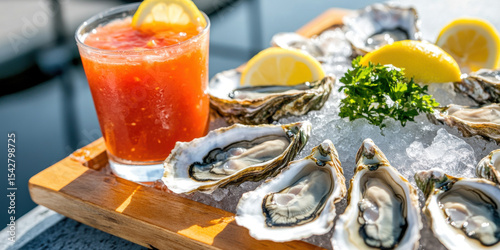 Fresh oysters served on a wooden tray with ice, lemon slices, and a spicy tomato cocktail. 