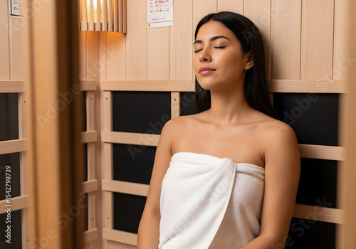 Young woman enjoying a peaceful moment in an infrared sauna, wrapped in a towel, embodying relaxation and healthful living