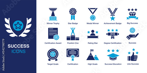 Success icon set. Containing Winner Trophy, Certification, Target Goals, Medal Winner, Like Success, and Rating Star. Solid vector icons collection. Vector illustration.