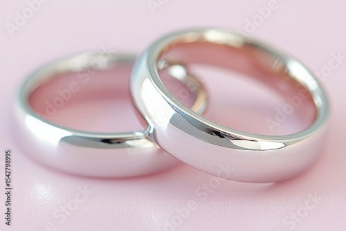 Two shiny silver wedding bands rest intertwined on a soft pink surface, symbolizing union and commitment.