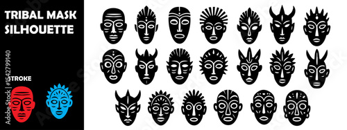 Tribal Mask Silhouette Vector Set – Ethnic Heritage, Ritual Expression, and Cultural Identity