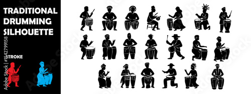 Traditional Drumming Silhouette Vector Set – Cultural Performance, Folk Music, and Rhythmic Beats
