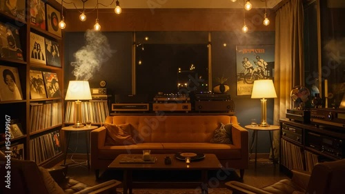 Cozy vintage living room with vinyl records and lights